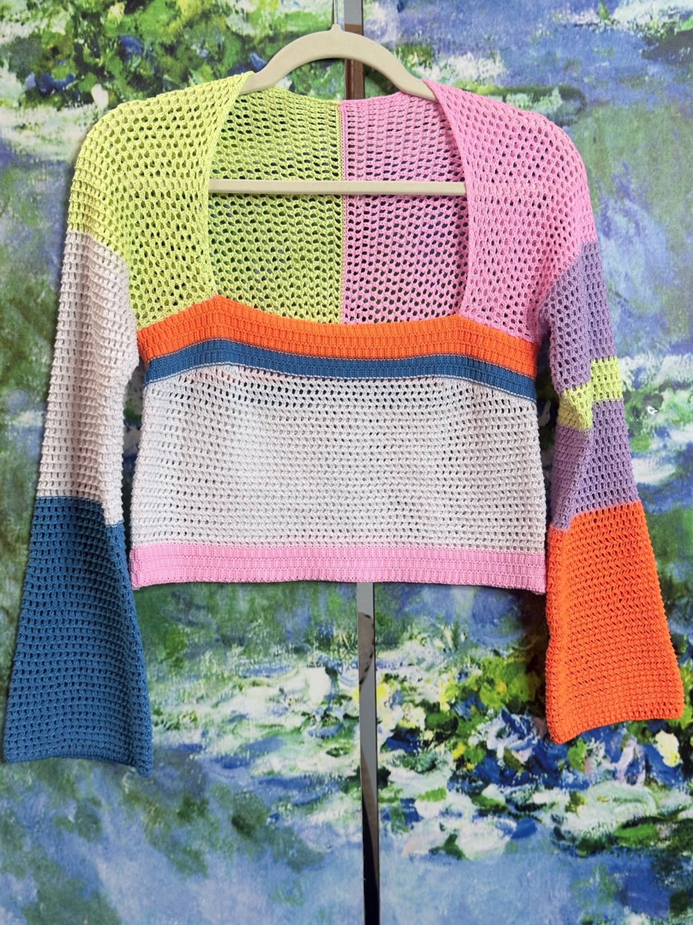Colorblock Crochet Knit Bell Sleeve Sweater Top - Picture 2 of 7